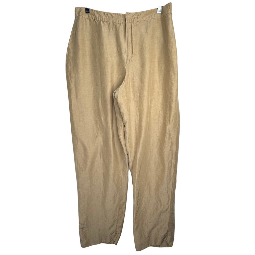 DANA BUCHMAN Womens Sz12 Silk Linen Blend Lined Dress Pants Tan Flat Wide Leg